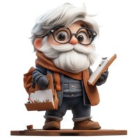 Artistic character with white beard and glasses holding a sketchbook while wearing a scarf and carrying a backpack isolated on transparent background png