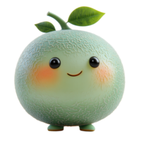 Cute green melon character with a smiling face and leafy topping in a playful design setting isolated on transparent background png