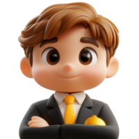 Young professional character with a cheerful expression in a suit and tie holding a golden trophy isolated on transparent background png