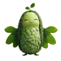 Cheerful green character with leaf wings and smiling face in a playful setting isolated on transparent background png