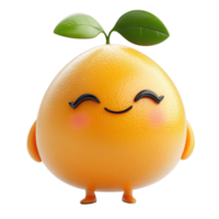 Cute cartoon character resembling a cheerful orange with a playful expression and leaf on top in bright colors isolated on transparent background png