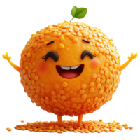 Happy cartoon character made of orange lentils with a smiling face and leafy top in a cheerful pose isolated on transparent background png
