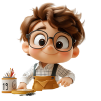 Young boy with glasses in a creative workspace enjoying art and learning activities isolated on transparent background png