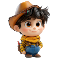 Cute cartoon boy dressed as a cowboy with a hat and playful expression in a vibrant design isolated on transparent background png