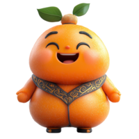 Cute animated orange character with a smiling face and green leaves, dressed in traditional attire, stands cheerfully in a vibrant setting isolated on transparent background png