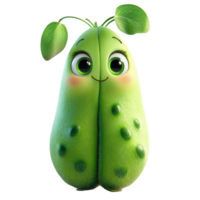 Cute animated green character with big eyes and cheerful expression standing upright isolated on transparent background png