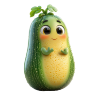 Cute animated character of a smiling avocado with big eyes and a small sprout, standing in a playful pose against a simple background isolated on transparent background png