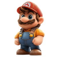 Mario figure stands confidently in classic overalls, showcasing a vibrant design and friendly expression isolated on transparent background png