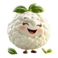 Happy cartoon cauliflower character with smiling face and leaf accents in bright setting isolated on transparent background png