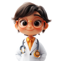 Friendly cartoon doctor character stands confidently, wearing a white coat and glasses, ready to help patients in a cheerful environment isolated on transparent background png