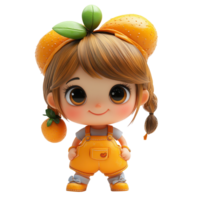Cute character dressed in orange overalls with a fruity headpiece, showcasing playful charm and joy isolated on transparent background png