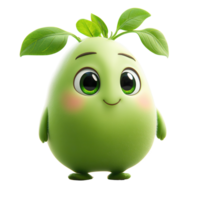 Charming cartoon character featuring a green fruit with large eyes and leafy sprouts in a whimsical style isolated on transparent background png