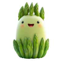 Adorable character shaped like asparagus surrounded by green stalks with a cheerful expression and bright smile isolated on transparent background png