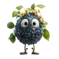 Charming cartoon character shaped like a blueberry adorned with flowers and leaves in a playful pose isolated on transparent background png