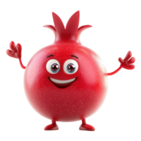 Friendly cartoon pomegranate character with a cheerful expression and raised arms in a bright setting isolated on transparent background png