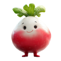 Happy cartoon radish character with a smiling face and green leaves in a vibrant setting isolated on transparent background png