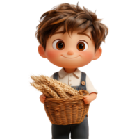 Cartoon child holding wheat in a basket, smiling joyfully in a rural setting during daylight hours isolated on transparent background png