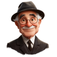 Elderly man in a formal suit with a charming smile, wearing glasses and a fedora hat, looking friendly and approachable in a classic style isolated on transparent background png