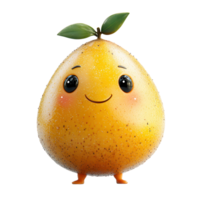 Cute cartoon character resembling a pear with a happy expression and green leaf on top standing on small feet isolated on transparent background png