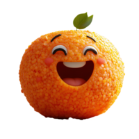 Happy animated orange character with a playful smile and a green leaf on top isolated on transparent background png