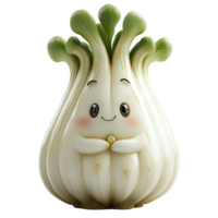 Cute cartoon garlic character sitting with a cheerful expression and small hands in a bright setting isolated on transparent background png