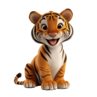 Cute cartoon tiger cub smiling joyfully while sitting on a white background isolated on transparent background png