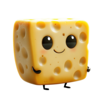 Cheerful cartoon cheese block with eyes and arms exuding charm and playfulness in a simple background isolated on transparent background png