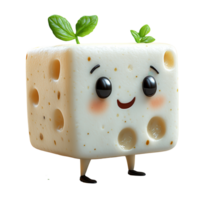 Cute animated cheese character with smiling face and mint leaves on top showcases whimsical design and charm isolated on transparent background png