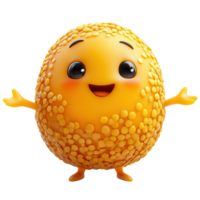 Cheerful animated character with a smiling face and textured yellow body stands joyfully in a fun, colorful space isolated on transparent background png