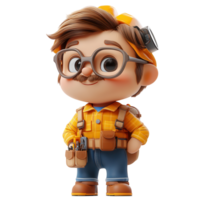 Character design of a cheerful young man dressed as a carpenter, showcasing a tool belt and playful aesthetic in bright colors isolated on transparent background png