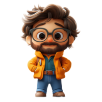Character design of a friendly animated figure with glasses, casual outfit, and cheerful expression, reflecting warmth and approachability isolated on transparent background png