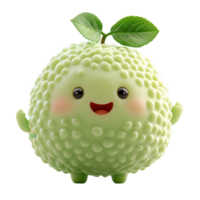 Cute green cartoon character with a smiling face and leaf on top isolated on transparent background png