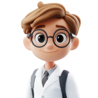Young scientist character with glasses wearing a lab coat, standing confidently and smiling at the viewer isolated on transparent background png