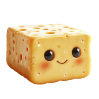 Cute smiling cheese block character with big eyes and rosy cheeks creating a cheerful atmosphere isolated on transparent background png