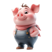 Friendly cartoon pig character wearing overalls and a scarf with a cheerful expression isolated on transparent background png