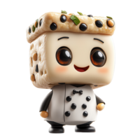 Character with a square head and round eyes wearing a chef outfit holds a playful expression against a simple background isolated on transparent background png