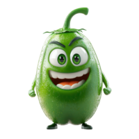Cartoon character of a smiling green pepper with large eyes and a cheerful expression in a whimsical design isolated on transparent background png