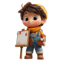 Young artist holds a blank canvas while smiling, dressed in a cozy outfit in a creative setting isolated on transparent background png