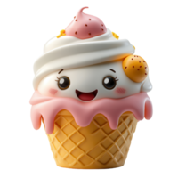 Cute ice cream character with smiling face and colorful toppings in a waffle cone isolated on transparent background png