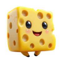 Cute animated cheese character with a joyful expression enjoys a fun adventure in a colorful, whimsical world isolated on transparent background png