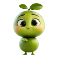 Happy green character with big eyes and leaf on head embodies cheer in a whimsical, animated style isolated on transparent background png