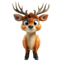 Cute cartoon deer character with antlers standing happily in a bright animated forest setting, ideal for children's media or storytelling isolated on transparent background png