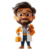 Friendly animated scientist with a briefcase in a lab coat showcasing a professional demeanor at a research facility isolated on transparent background png