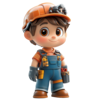 Young boy in a mining outfit with tools and a helmet exploring a construction site under bright light isolated on transparent background png