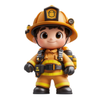 Cute cartoon firefighter character in bright yellow uniform with helmet ready to fight fires at a rescue event for children isolated on transparent background png
