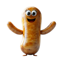Friendly cartoon character resembling a sausage stands cheerfully with arms outstretched in a playful pose isolated on transparent background png