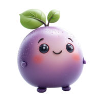 Cute and cheerful cartoon character resembling a purple fruit with a smiling face and leaf on top in a playful pose isolated on transparent background png