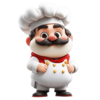 Chef character in a classic white uniform posing cheerfully with a mustache and hat in a playful, animated style isolated on transparent background png