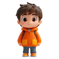Cute cartoon character in orange jacket stands confidently with a smile in a playful and inviting pose isolated on transparent background png