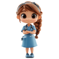 Cute cartoon nurse character with stethoscope in blue scrubs standing confidently isolated on transparent background png